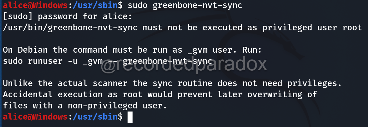 /usr/bin/greenbone-nvt-sync must not be executed as priviledged user root