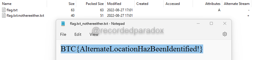 BTC 2022 Last Minute CTF Tardis v2 Alternate Data Stream Using 7zip Screenshot